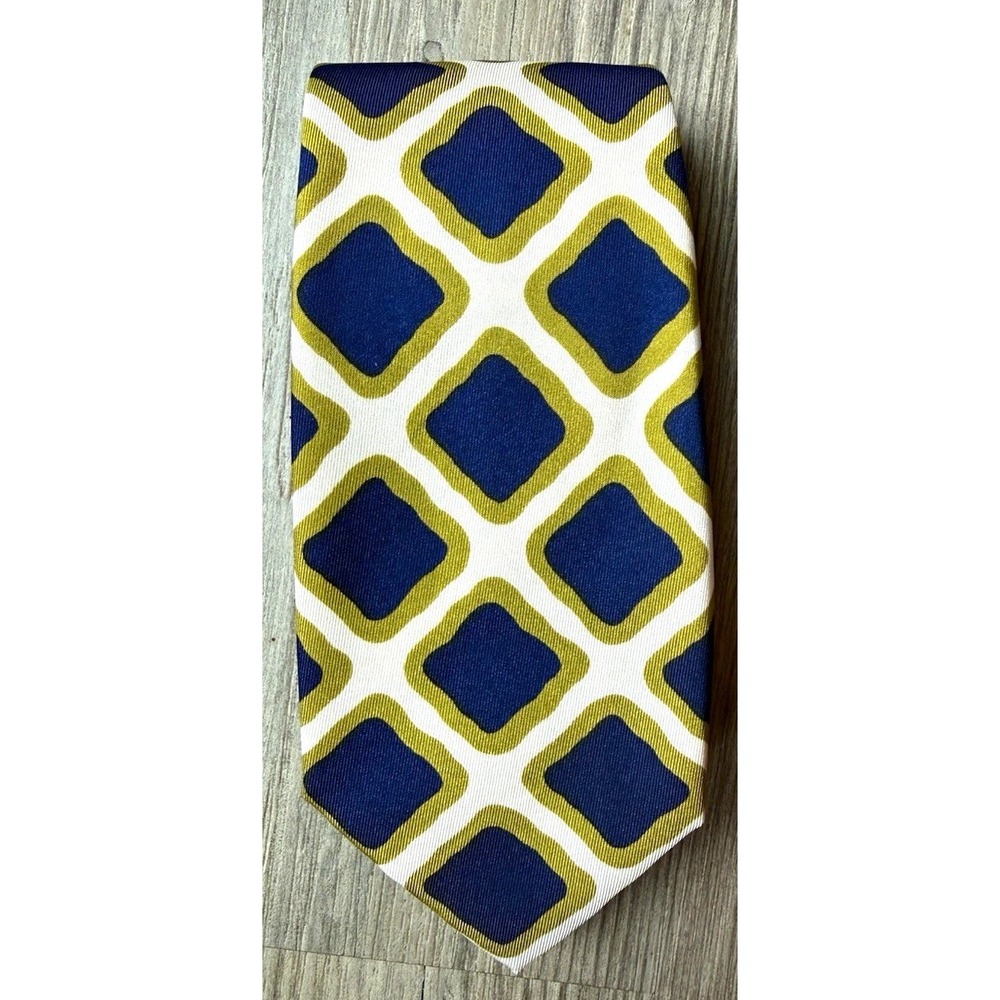 VTG Brooks Brothers Makers Nylon Tie Blue Green White Geometric Woven Pointed
